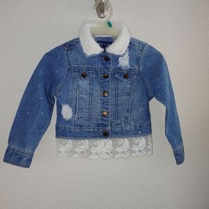 Upcycle Denim jacket lace trim fur collar handmade